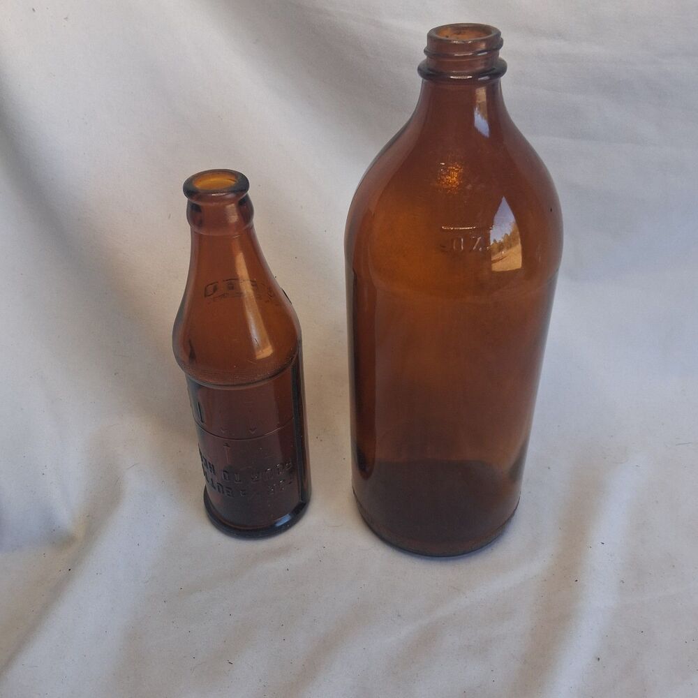 Lot of 2 Vintage Amber Glass Bottles 32oz & 1949 Beer Bottle w/ Original Cork